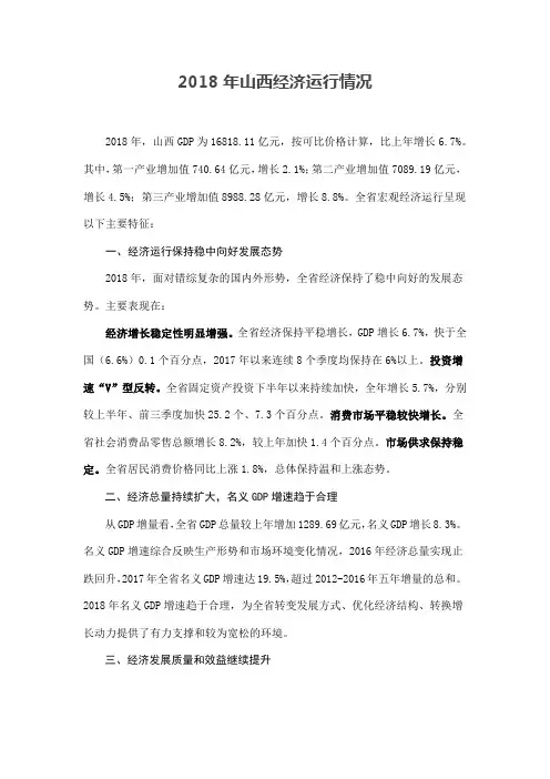 2018年山西经济运行情况