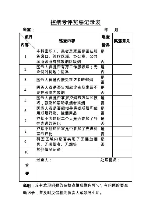 医院控烟考评奖惩制度、考评奖惩标准、考评奖惩记录表