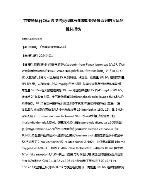 竹节参皂苷IVa通过抗炎和抗氧化减轻脂多糖诱导的大鼠急性肺损伤