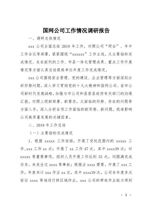 国网公司工作情况调研报告