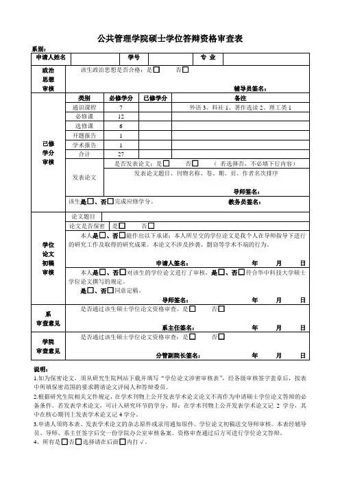 公共管理学院硕士学位答辩资格审查表