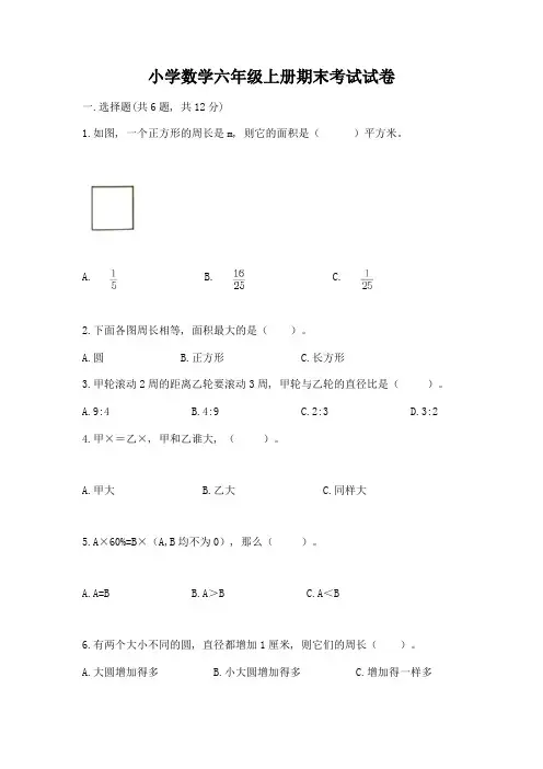 小学数学六年级上册期末考试试卷(巩固)word版