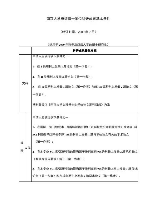 南京大学申请博士学位科研成果基本条件