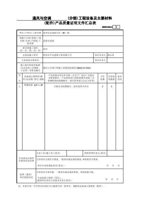 通风与空调(分部)工程设备及主要材料(配件)产品质量证明文件汇总表