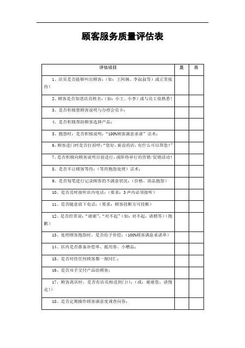 顾客服务质量评估表
