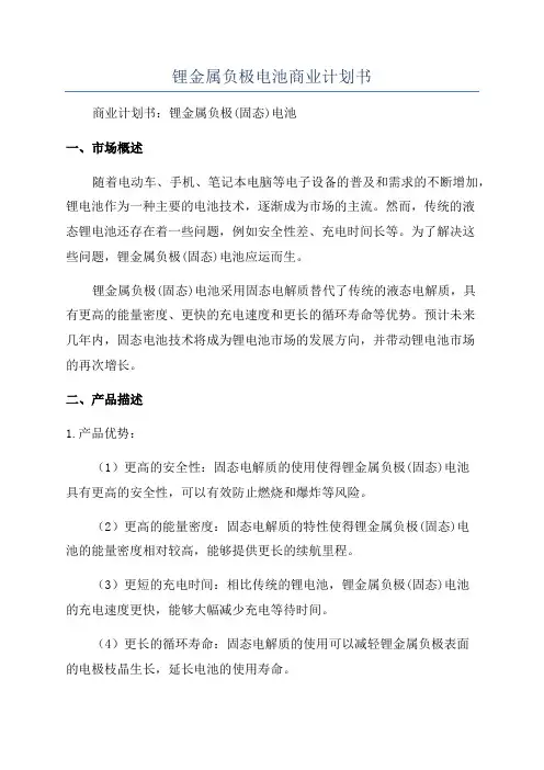 锂金属负极电池商业计划书