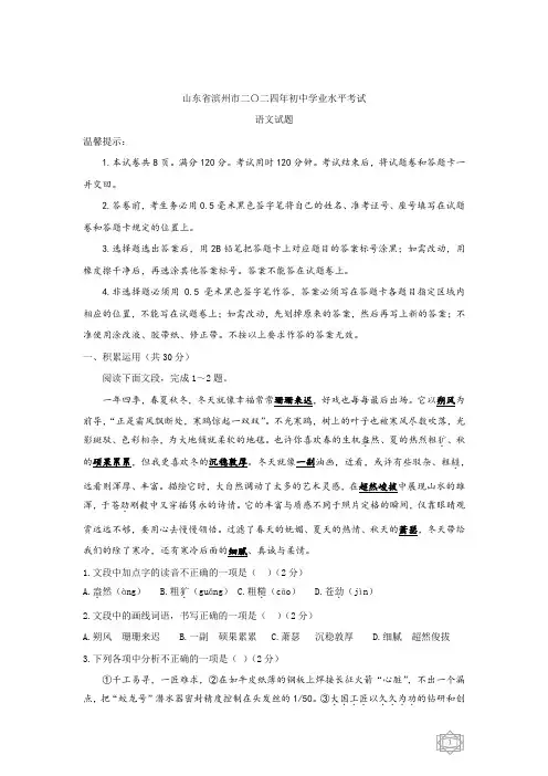 2024年山东省滨州市中考语文试题(word版)