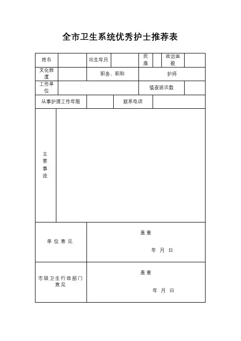 全市卫生系统优秀护士推荐表