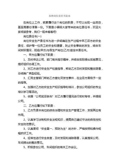 各种岗位责任书范本_责任书_