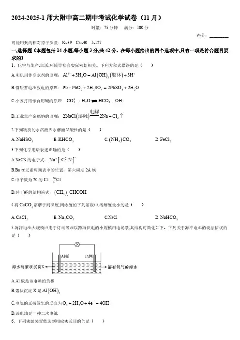 2024-2025学年湖南师大附中高二上学期11月期中考试化学试卷含答案