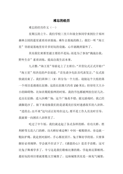 难忘的经历--中考满分作文(10篇)