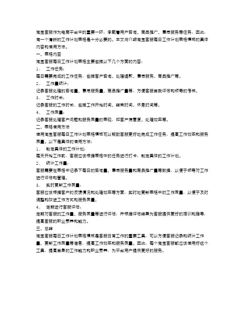 淘宝客服每日工作计划表格模板