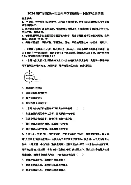 2024届广东省惠州市惠州中学物理高一下期末检测试题含解析