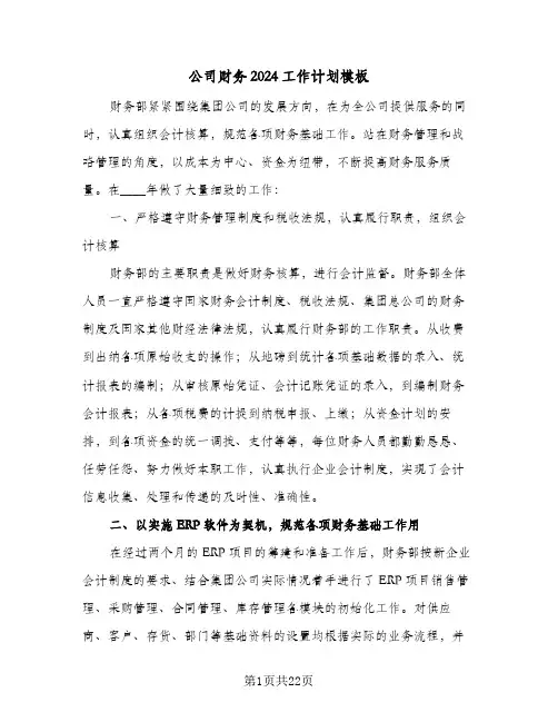 公司财务2024工作计划模板（6篇）