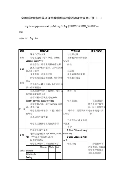 全国新课程初中英语课堂教学展示观摩活动课堂观察记录1