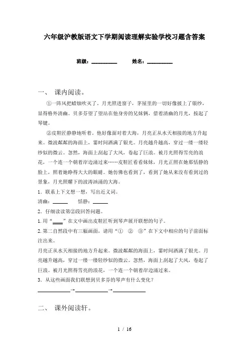 六年级沪教版语文下学期阅读理解实验学校习题含答案