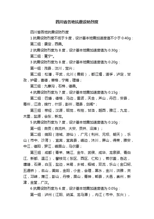 四川省各地抗震设防烈度