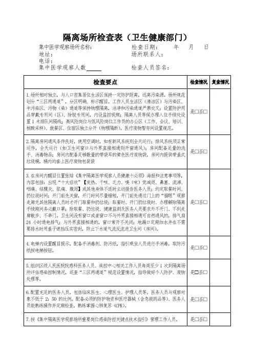 隔离场所检查表(卫生健康部门)