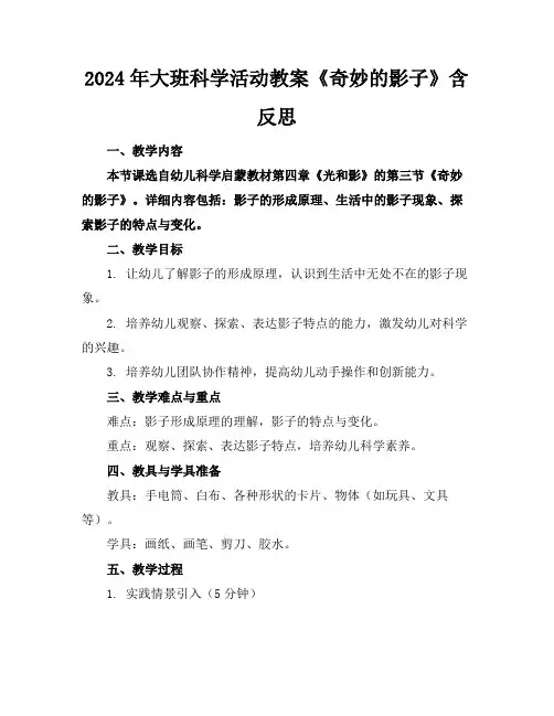 2024年大班科学活动教案《奇妙的影子》含反思