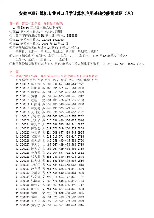 安徽中职计算机专业对口升学计算机应用基础技能测试题(八)