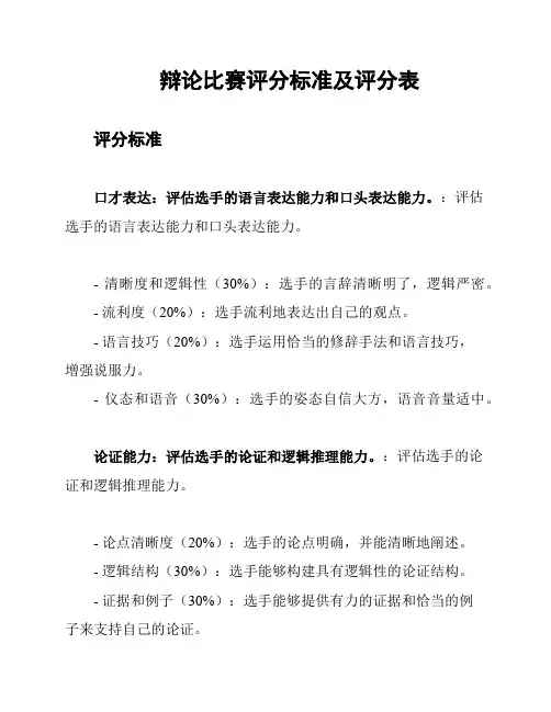 辩论比赛评分标准及评分表