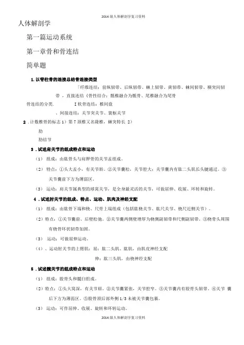 人体解剖学问答简答重点知识总结