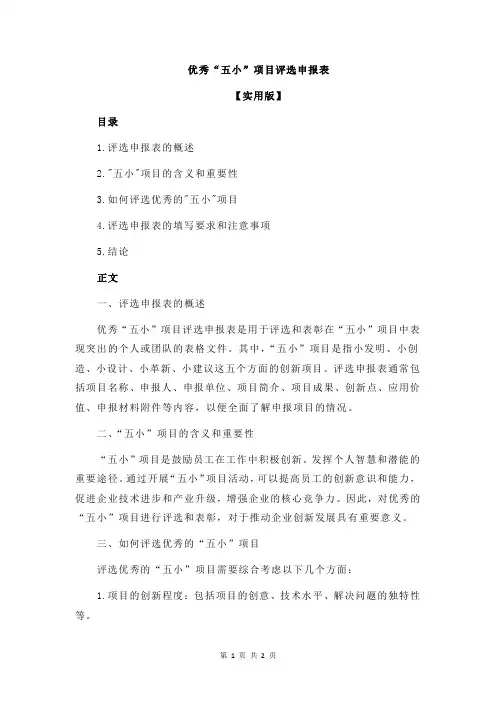 优秀“五小”项目评选申报表