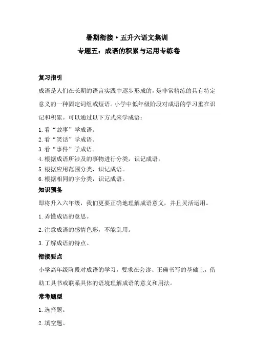 【暑期衔接】 五升六语文集训  专题五 成语的积累与运用专练卷(含答案)人教统编版