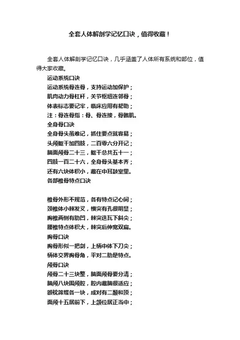 全套人体解剖学记忆口诀，值得收藏！