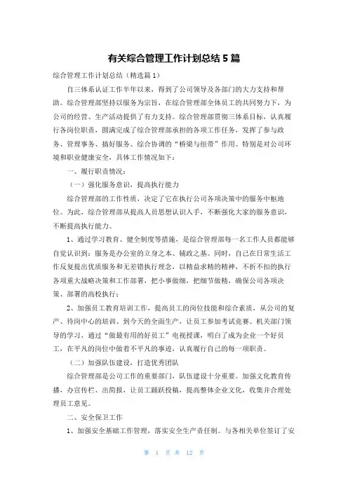 有关综合管理工作计划总结5篇