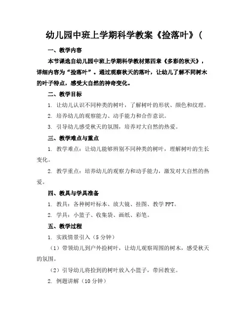 幼儿园中班上学期科学教案《捡落叶》(