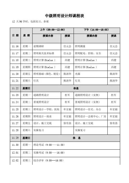 中级照明设计师课程表