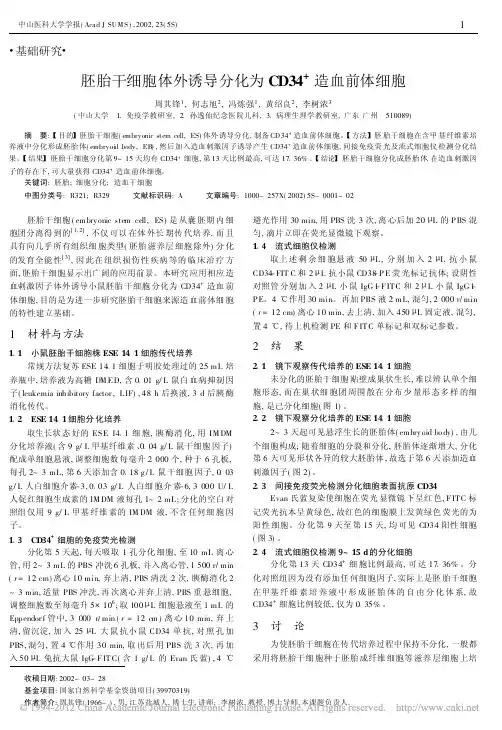 胚胎干细胞体外诱导分化为CD34_造血前体细胞
