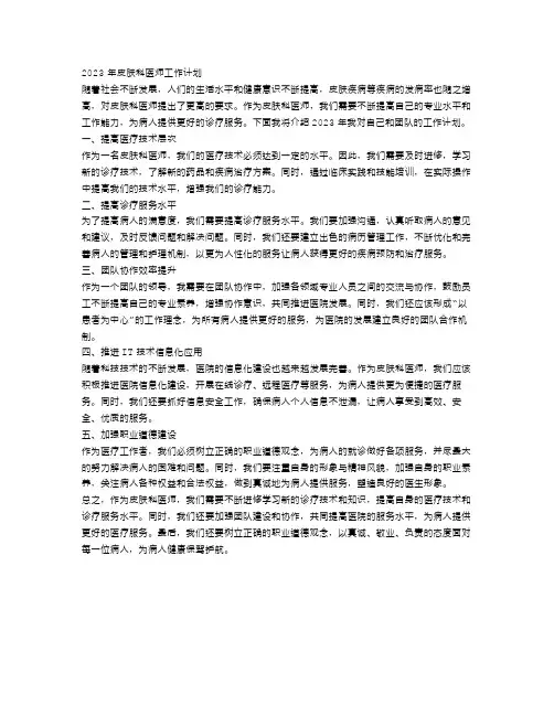 2023年皮肤科医师工作计划