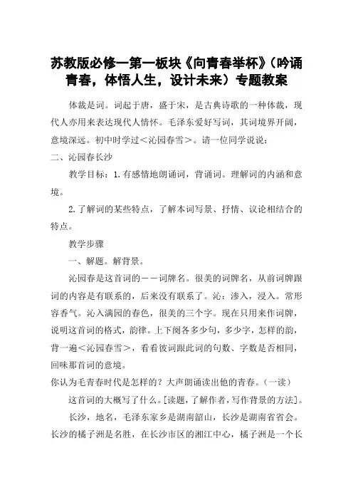苏教版必修一第一板块《向青春举杯》(吟诵青春,体悟人生,设计未来)专题教案