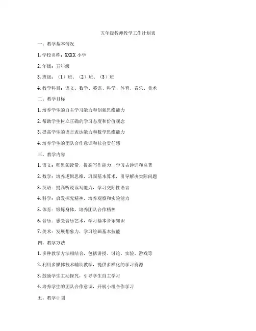 五年级教师教学工作计划表