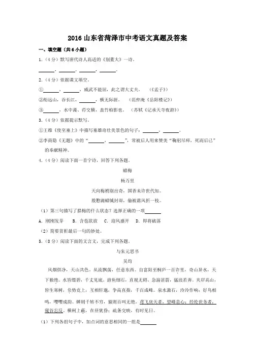 2016山东省菏泽市中考语文真题及答案