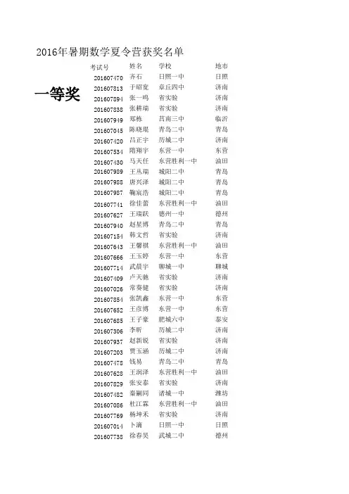 2016山东省数学夏令营获奖名单