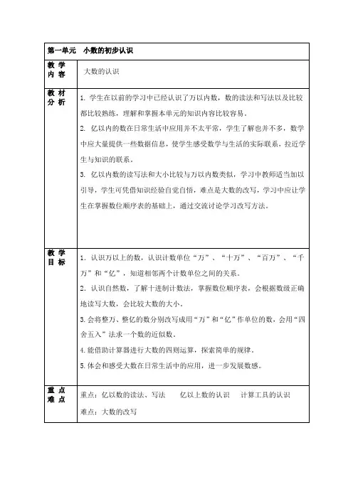 人教版小学数学四年级上册全册单元备课