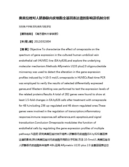 奥美拉唑对人脐静脉内皮细胞全基因表达谱的影响及机制分析