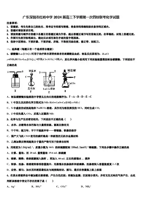 广东深圳市红岭中学2024届高三下学期第一次四校联考化学试题含解析