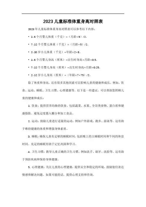 2023儿童标准体重身高对照表