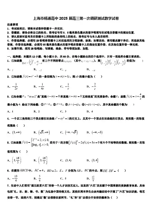 上海市杨浦高中2025届高三第一次调研测试数学试卷含解析