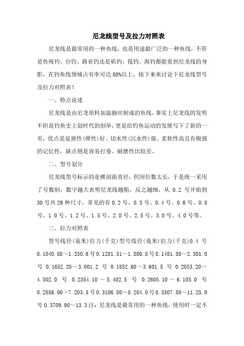 钓鱼技巧之钓具：尼龙线型号及拉力对照表
