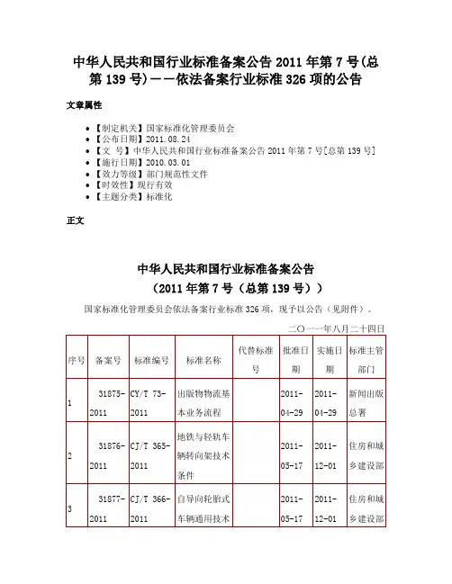 中华人民共和国行业标准备案公告2011年第7号(总第139号)－－依法备案行业标准326项的公告
