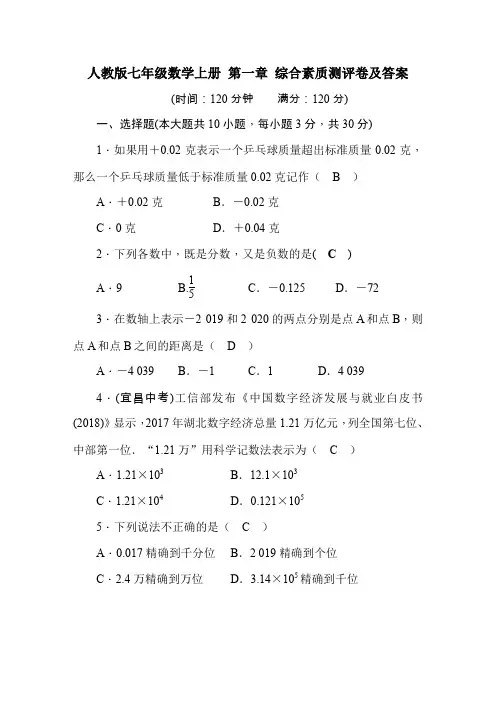 人教版七年级数学上册 第一章 综合素质测评卷及答案
