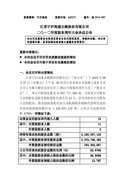 600377   宁沪高速2012年度股东周年大会决议公告
