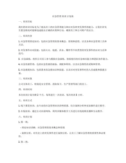 应急管理 培训 计划表