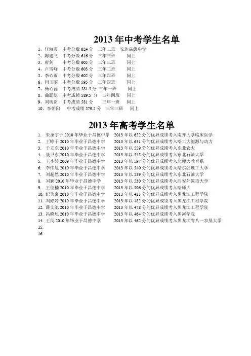 2013年中高考学生名单