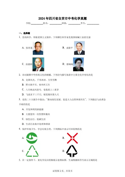 【中考真题】2024年四川省自贡市中考化学试卷(附答案)
